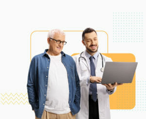 A doctor guides an old man through his EHR.