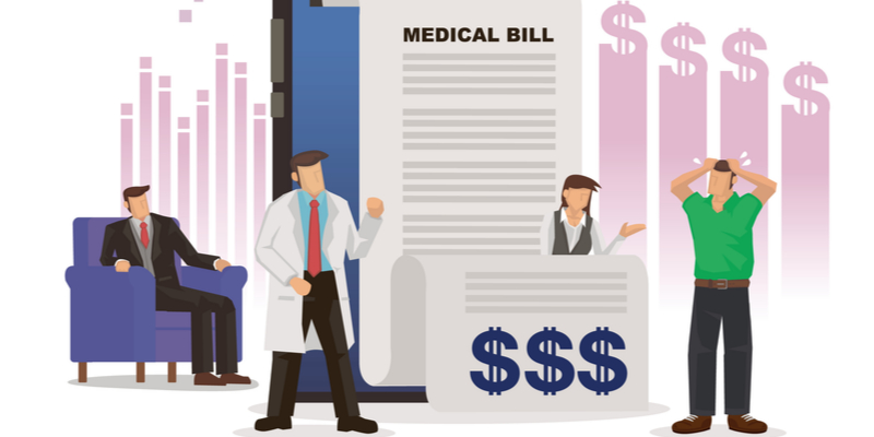 Vector illustration of a patient stunned by the high medical bill, with a reception in the background. A businessman sitting on a couch and a doctor standing near the reception desk.