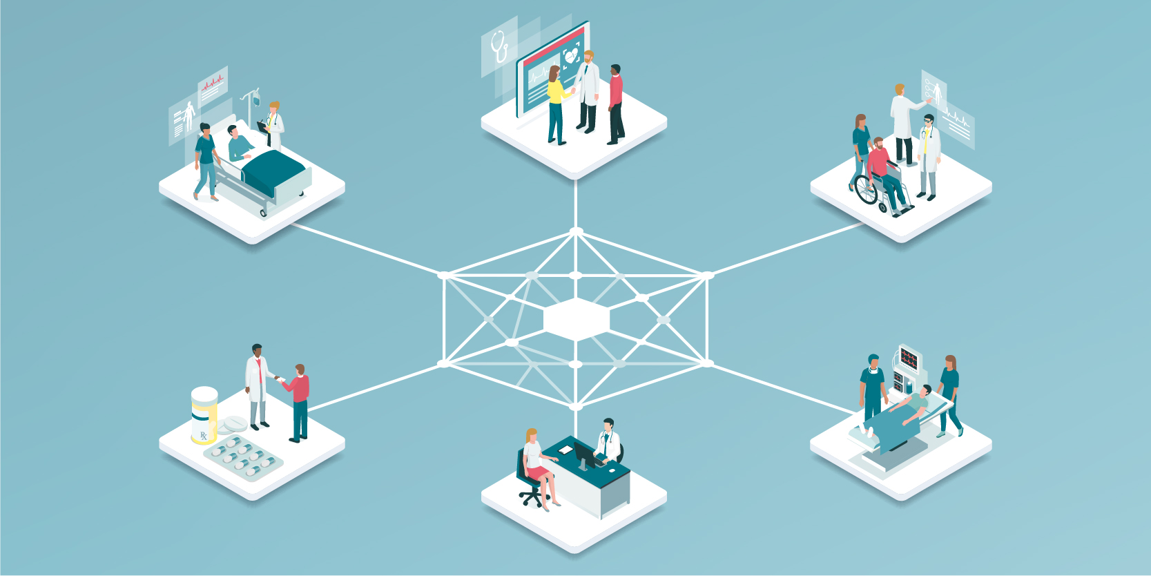 A hexagon web connects various platforms of medical inquiry, consultation, imaging, and medical advice, etc. in a graphic illustration form with small icons related to medical and hospital services.