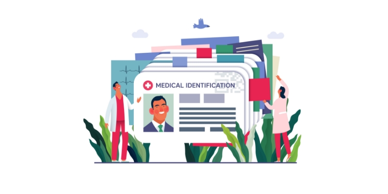 Graphical illustration of two doctors arranging medical insurance cards and identity cards.